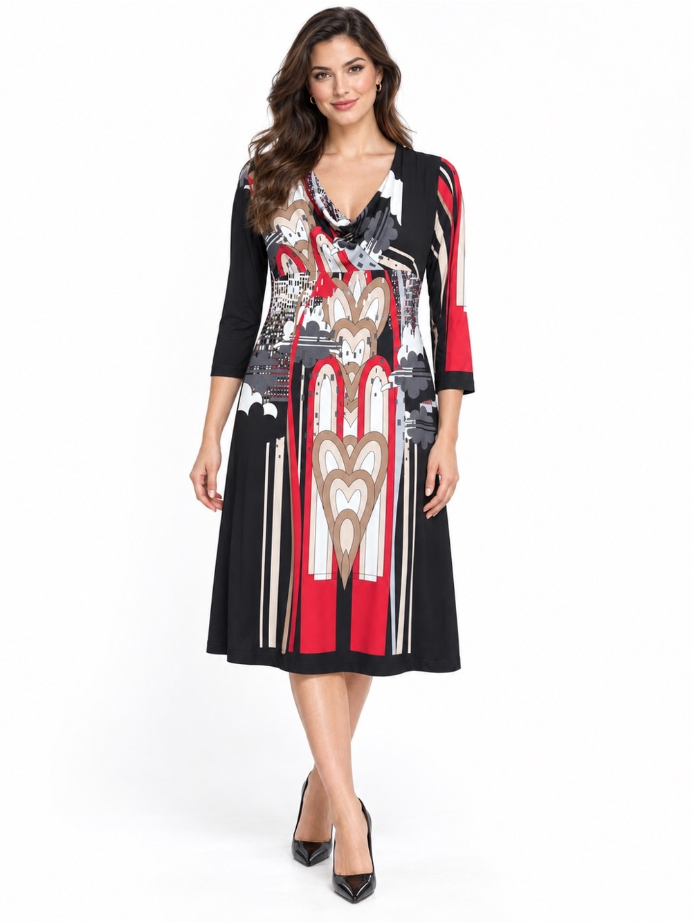Printed V-Neck Midi Dress in Black, Red and Cream